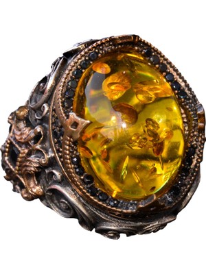 El Yapımı Doğal Olmayan Taş Yüzük - 925 Ayar Gümüş Erkek Takısı (Bal Amberi)