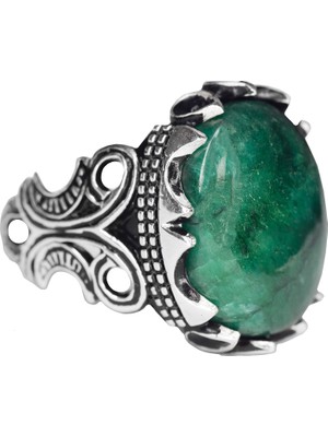 Erkekler Için 925 Ayar Gümüş Yüzük, Doğal Cabochon Zümrüt Taşı ile