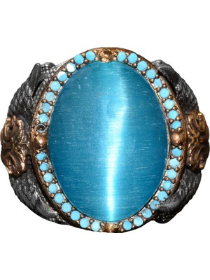 El Yapımı Şahin Pençesi Tasarım Yüzük, Oluşturulmuş Mavi Kedi Gözü Taşı - 925 Ayar Gümüş Erkek Takısı