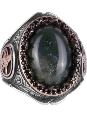 925 Ayar Katı Gümüş Erkek Yüzük - Doğal Yosunlu Akik Taşı ile El Yapımı Şıklık