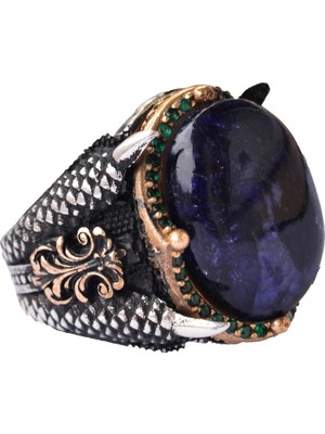 Doğal Cabochon Safir Taşlı Erkek Yüzüğü, 925 Ayar Gümüş Kartal Pençesi Tasarımı