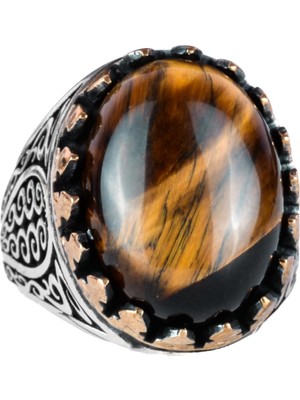 925 Ayar Katı Gümüş Erkek Yüzük - Doğal Taşlarla El Yapımı Şıklık (Kaplan Göz Taşı)