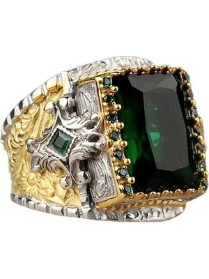 El Yapımı 925 Ayar Gümüş Erkek Yüzük, Yeşil Zümrüt Taşlı, Süslemeli Tasarım, Islami Yüzük