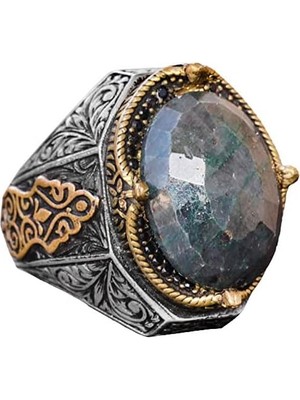 El Yapımı Vintage Tasarım Zümrüt Yüzük - 925 Ayar Gümüş Erkek Yüzük Altın Aksanlarla (Zümrüt)