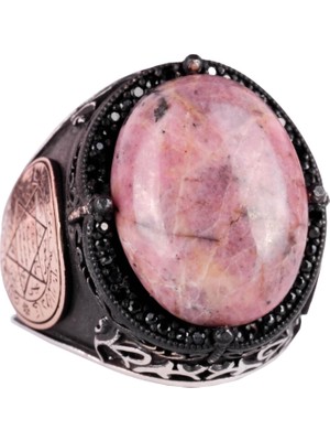 Doğal Rodonit Taş Yüzük, Gümüş Süleyman Mühürü Yüzüğü, 925 Ayar Katı Gümüş Erkek Yüzüğü