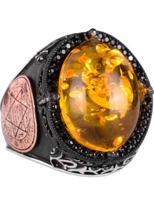 David Yıldızı Yüzüğü, Yapay Taş Yüzük, 925 Ayar Gümüş Süleyman Yüzüğü (Bal Amber Yapay)