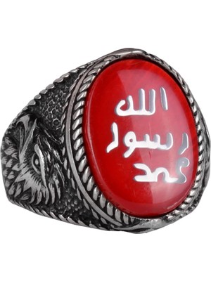Islami Erkek Yüzük - Kartal Sembolü Yüzük - 925 Ayar Gümüş El Yapımı Erkek Yüzük (Kırmızı)