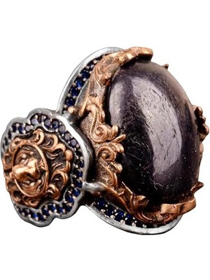 Doğal Safir Taşlı Yüzük, Aslan Yüzüğü, 925 Ayar Gümüş Erkek Yüzüğü