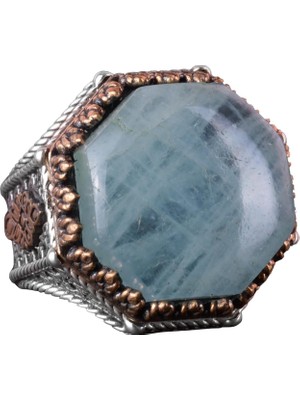 Gerçek Doğal Taş Yüzük - Sekizgen Tasarım - El Yapımı 925 Ayar Gümüş Takı (Akuamarin)