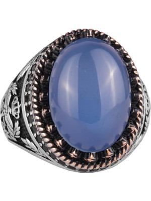 Doğal Taş Yüzük - El Yapımı Şahin Yüzük - 925 Ayar Gümüş Yüzük (Kalsedon)