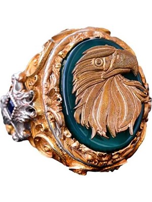 Jade Taş Yüzük - 925 Ayar Gümüş Sinyal Yüzük - El Yapımı Erkek Altın Kaplama Yüzük (Şahin)