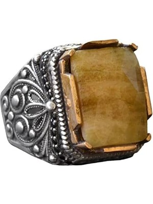 Sarı Safir Yüzük, Gümüş Sarı Safir Yüzük, 925 Ayar Gümüş Erkek Yüzük, Büyük Yüzük