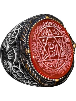 El Yapımı Süleyman Mührü Yüzüğü, Kırmızı Akik Taşı, Islami Erkek Yüzüğü, 925 Ayar Gümüş