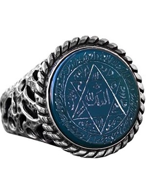 El Yapımı Süleyman Mührü Yüzüğü, Doğal Yeşil Oniks Taşı, Islami Erkek Yüzüğü, 925 Ayar Gümüş