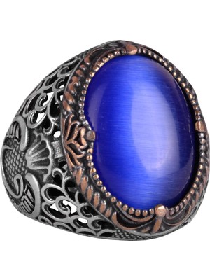 925 Ayar Gümüş Erkek Yüzük - Mavi Kedi Gözü Taş Yüzük - Erkek Yüzüğü
