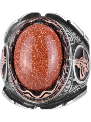 Kahverengi Güneş Taşı Yapay Taş Yüzük, 925 Ayar Gümüş Yüzük, Osmanlı Tuğra Gümüş Yüzük