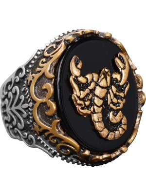 Doğal Obsidan Taş Yüzük - 925 Ayar Gümüş Yüzük - Damga Yüzük (Akrep)