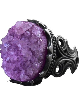 Drusy Kuvars Taş Yüzük, 925 Ayar Gümüş Erkek Yüzük, El Yapımı Cesur Takı