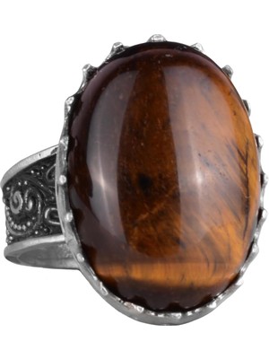 Doğal Taş Yüzük - 925 Ayar Gümüş Büyük Yüzük - El Yapımı (Kaplan Gözü)