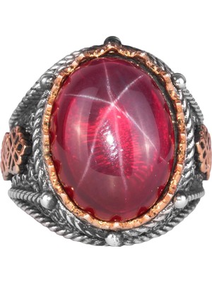 925 Ayar Gümüş Erkek Yüzüğü, El Yapımı Doğal Yıldız Yakut Taşlı Yüzük