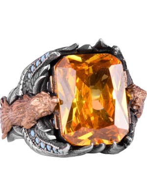 Erkekler Için Yılan Yüzük, Doğal Olmayan Sitrin Taşı Ile, El Yapımı 925 Ayar Gümüş Ifadeli Yüzük - Gücün, Refahın ve Pozitif Enerjinin Sembolü