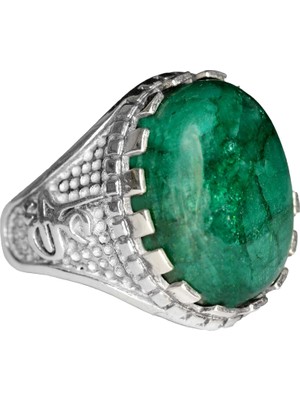 Erkekler Için Gümüş Islami Yüzük - Doğal Cabochon Zümrüt ve Ali Yazısı ile