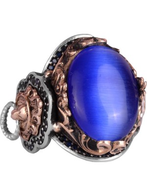 Mavi Kedi Gözlü Taş Yüzük, Aslan Sembolü Erkek Yüzüğü, 925 Ayar Gümüş Tasarım Erkek Yüzüğü