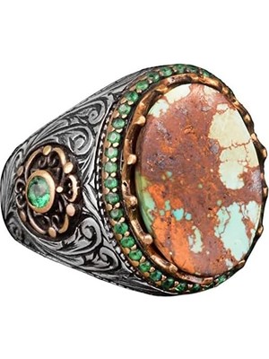 Erkekler Için El Yapımı Doğal Arizona Turkuaz Taş Yüzük, 925 Ayar Gümüş Yüzük, Sultan Yüzüğü (Model-11)