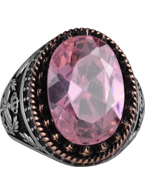 925 Ayar Gümüş Yüzük, Yapay Taş Yüzük, Kartal Sembolü Yüzük, El Yapımı Yüzük (Yapay Pembe Topaz)