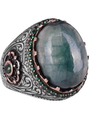 Yapılmış Taş Yüzük - 925 Ayar Gümüş El Yapımı Yüzük - Yapılmış Cabochon Zümrüt Yüzük