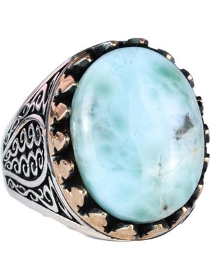 925 Ayar Katı Gümüş Erkek Yüzük - Doğal Larimar Taşı ile El Yapımı Zarafet