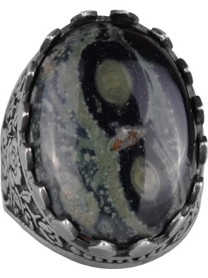 Doğal Taş Yüzük - Gül Desenli Yüzük - 925 Ayar Gümüş Yüzük - El Yapımı Büyük Yüzük (Yeşil Göz)