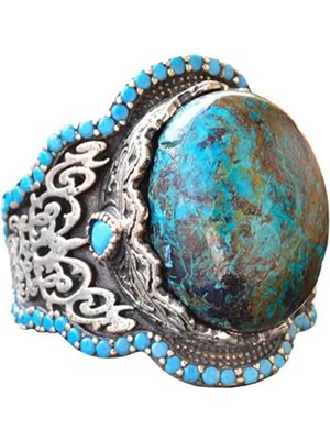 El Yapımı 925 Ayar Gümüş Erkek Yüzük - Doğal Taş (Krisokolla)