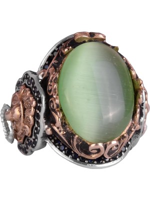 925 Ayar Gümüş Erkek Yüzük - Açık Yeşil Kedi Gözünden Üretilmiş Taş - Aslan Sembolü El Yapımı Yüzük