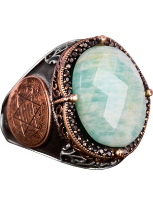 Doğal Amazonit Taşlı Yüzük, Süleyman'ın Mührü Yüzüğü - 925 Ayar Gümüş Yüzük Erkekler Için