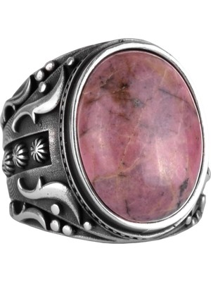 El Yapımı Doğal Rodonit Taşı Yüzük, 925 Ayar Gümüş Yüzük, Erkek Yüzüğü