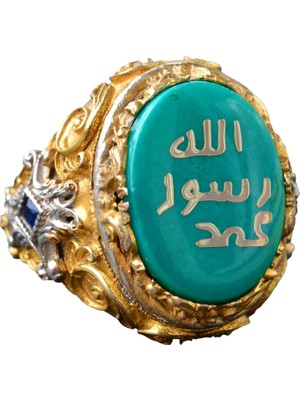 Erkekler Için Gümüş Islami Yüzük - Müslüman Dini Hediye, Altın Kaplama, Yeşil Taş