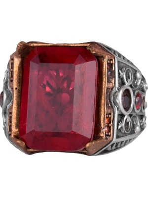 925 Ayar Gümüş El Yapımı Erkek Yüzük - Yapay Taş Yüzük - Erkek Yüzük (Yapay Kırmızı Paraiba)
