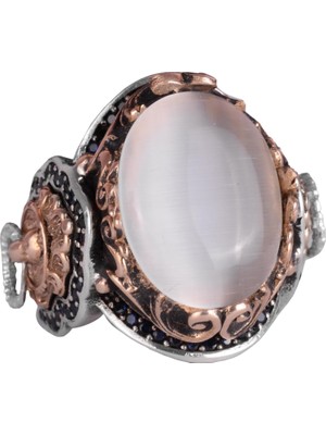 Aslan Sembol Yüzük - Beyaz Kedi Gözü Taşı - 925 Ayar Gümüş Erkek Yüzük - El Yapımı Tasarım Gümüş Yüzük