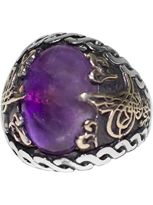 925 Ayar Gümüş Erkek Yüzük - Doğal Ametist Taşı - Osmanlı Tuğrası Tasarımı - Şık El Yapımı Takı