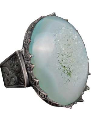 Erkekler Için 925 Ayar Gümüş Yüzük, Doğal Druzy Kuvars: Aqua, Yeşil, Bej Seçenekleri (Aqua)