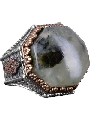 Doğal Taş Yüzük - Sekizgen Tasarım - El Yapımı 925 Ayar Gümüş Takı (Prehnite)