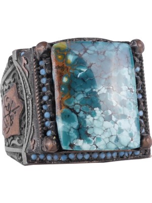 Doğal Arizona Turkuaz Taş Yüzük - 925 Ayar Gümüş Islami Yüzük - El Yapımı Vintage Tasarım