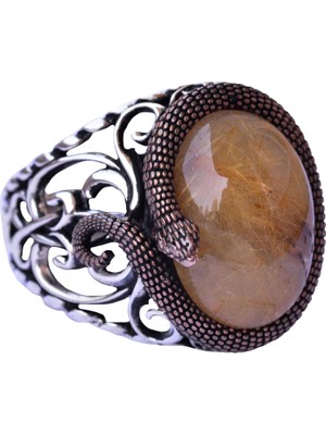 925 Ayar Katı Gümüş Erkek Yüzük Doğal Taşlarla - El Yapımı Şıklık (Altın Rutile Kuvars Taşı)