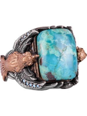 Doğal Dikdörtgen Krysokolla Taş Yüzük - 925 Ayar Gümüş Erkek Yüzük