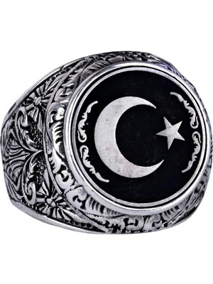 Yıldız ve Ay Yüzüğü - Erkekler Için 925 Ayar Gümüş Bayrak Yüzüğü