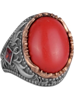 Yapay Taş Yüzük - El Yapımı Erkek Yüzüğü - Şık 925 Ayar Gümüş Erkek Takısı (Yapay Mercan)