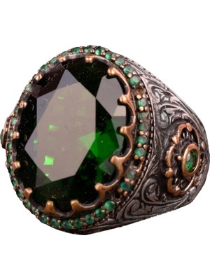 Kral Yüzük, Yaşlandırma Yüzüğü, Sultan Yüzüğü, Erkek 925 Ayar Gümüş Yüzük, Yapay Zümrüt Taşı, Yeşil