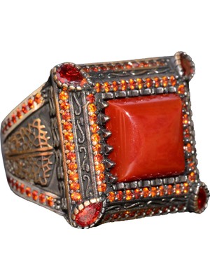 Doğal Kırmızı Akik Taş Yüzük - Gümüş Erkek Sultan Yüzüğü