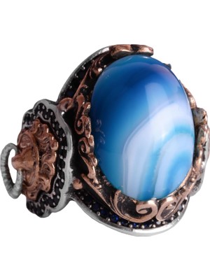 Doğal Mavi Akik Taşı Yüzük, 925 Ayar Gümüş Yüzük, Aslan Başlı Yüzük